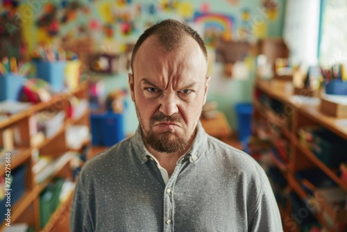 An adult male with a scowling expression in a classroom.