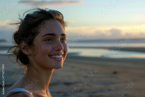 A woman with long hair is smiling at the camera on a beach