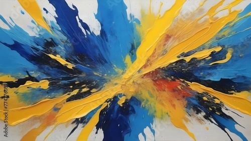 Multi colored abstract painting with bright blue and yellow.