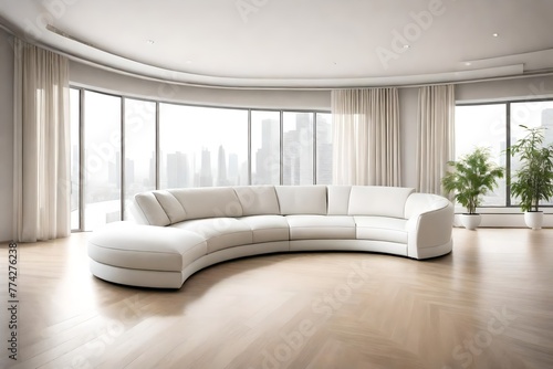 Puffy curved sofa in spacious room. Minimalist home interior design of modern living room