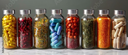 A lineup of pharmaceuticals, showcasing capsules in glass containers