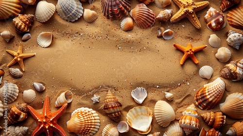 Sea Shell and Starfish on Wet Sand Blank Copy Space in Center - Red Orange © KaihkoImages