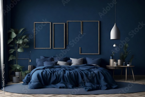 Frame mockup in cozy dark blue bedroom interior, 3d render