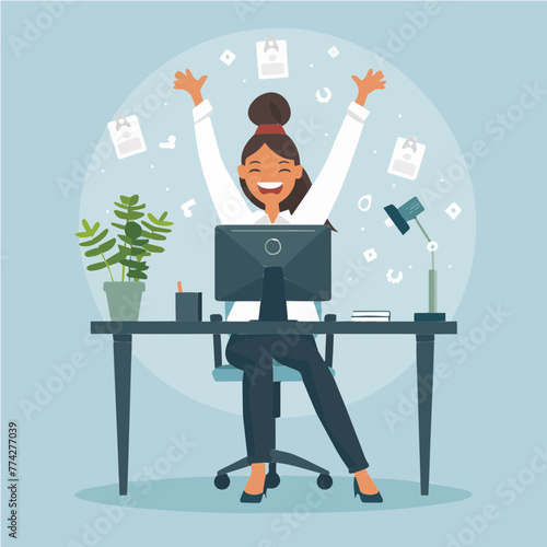 Woman happy with the success at the computer desk in the office, vector cartoon
