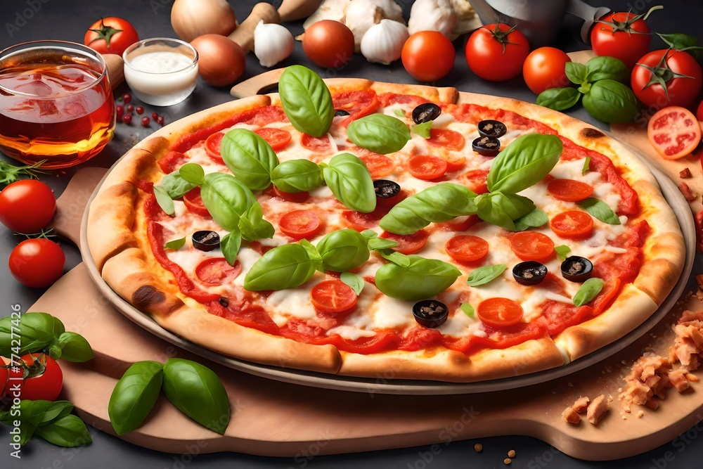 Tasty pizza Margarita with ingredients isolated on white Tasty pizza Margarita with ingredients isolated on white