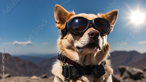 A dog wearing protective goggles seeing a total solar eclipse. The glasses' reflection of the entire solar eclipse