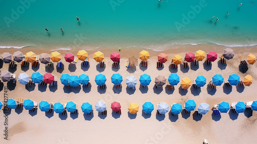 Aerial view of beach umbrellas and sunbeds on the beach in summer