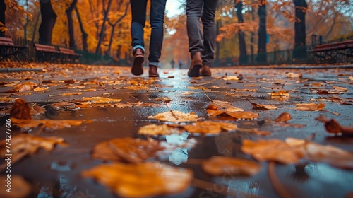 Autumn Stroll Couple Walking on Leaf-Strewn Path on Rainy Day with Copy Space
