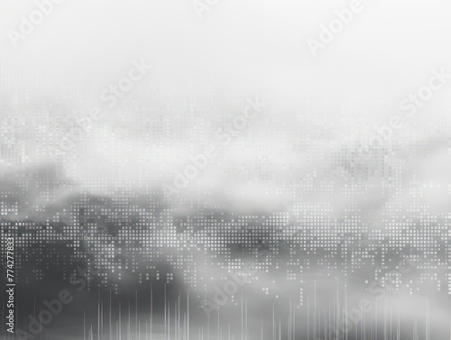 Gray animation of glitched looping binary codes over fog-covered background pattern banner with copy space 