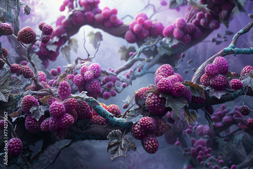 Imagine a fantastical realm where abstract tiny plants thrive, their branches laden with ripe fruits that seem to glow with an otherworldly radiance 