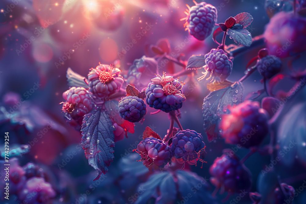 Imagine a fantastical realm where abstract tiny plants thrive, their branches laden with ripe fruits that seem to glow with an otherworldly radiance  - obrazy, fototapety, plakaty 