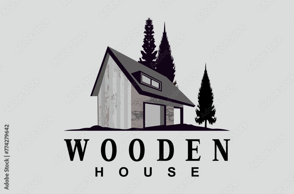 Minimalist wooden house, pine tree background logo design illustration