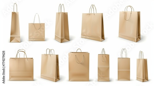 collection of unmarked shopping bags, white backdrop. Paper mockups for bags or packages. Craft paper or handle-equipped cardboard. Top, front and side views.3D realistic vector illustration.