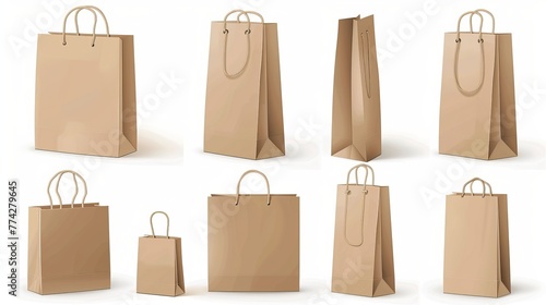 collection of unmarked shopping bags, white backdrop. Paper mockups for bags or packages. Craft paper or handle-equipped cardboard. Top, front and side views.3D realistic vector illustration.