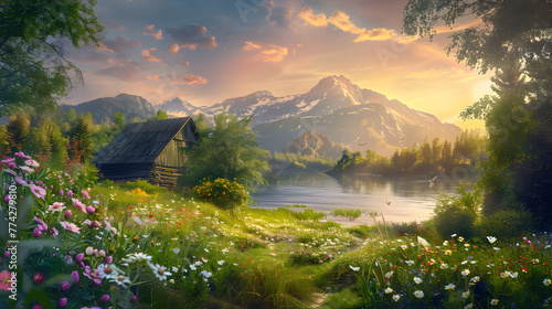 Tranquil Rural Paradise: An Idyllic Summer Landscape of an Antiquated Wooden House by a River, Flourishing Flowers and Trees, and Majestic Mountains in the Distance - Oil Painting Illustration