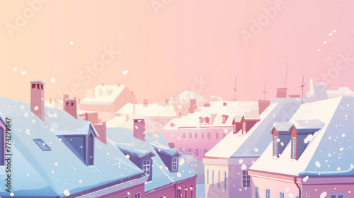 Vector art illustration of a winter city, snow-covered roofs and streets, soft pastel colours convey coolness and tranquillity, winter charm in urban environment