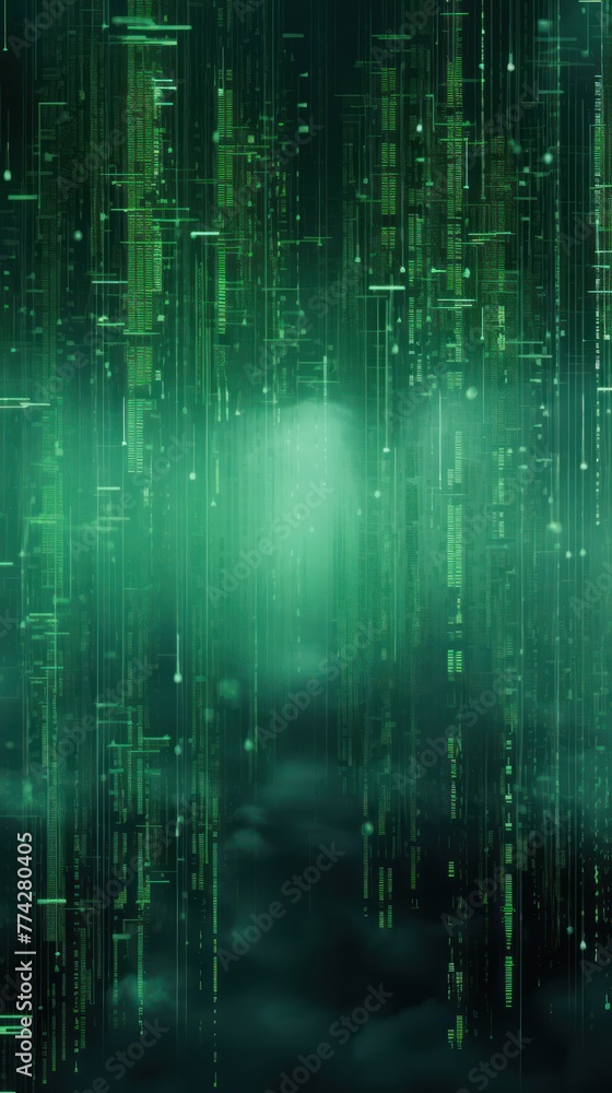 Green animation of glitched looping binary codes over fog-covered background pattern banner with copy space