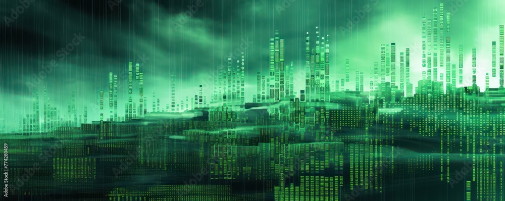 Green animation of glitched looping binary codes over fog-covered background pattern banner with copy space