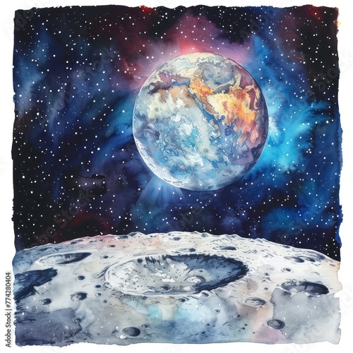 Watercolor clipart of a vibrant Earthrise as seen from the moon a humbling perspective
