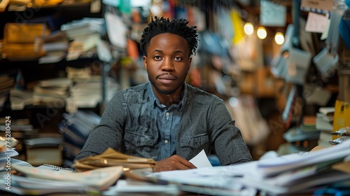 Black Man Business Owner with Paperwork Taking Over Desk and Office