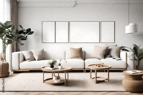 Interior design of modern living room interior with white boucle modular sofa, wooden coffee table, cube, mock up poster frame, furnitures and elegant decoration. Template. Home decor photo