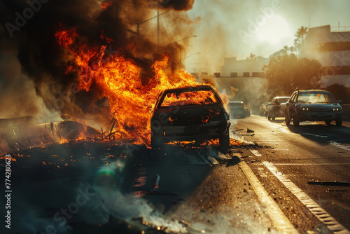 A car is on fire on a street with other cars in the background