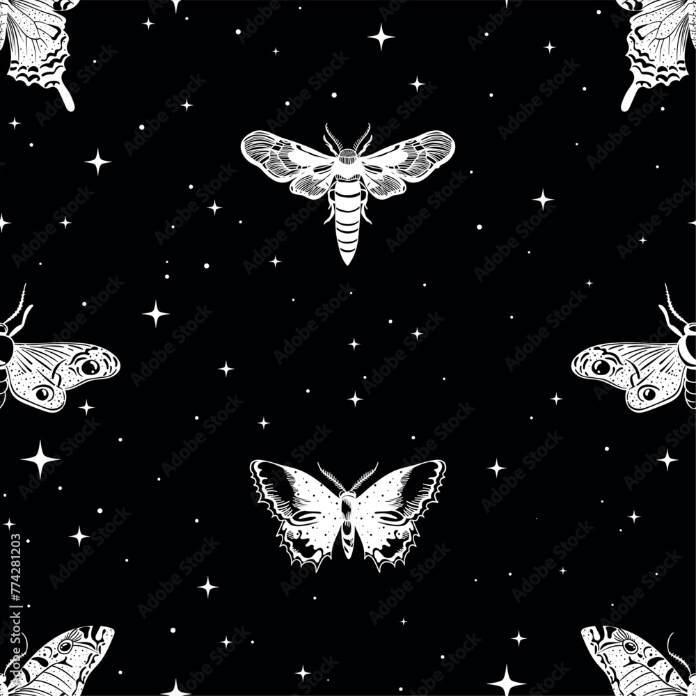 Vector seamless pattern in tattoo style, with butterflies and stars. Mystical, magical aesthetics, wild nature, retro vintage engraving style Vector seamless pattern in tattoo style, with butterflies and stars. Mystical, magical aesthetics, wild nature, retro vintage engraving style