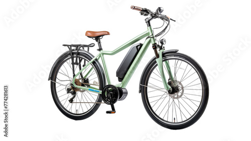 A vibrant green bicycle with a rich brown seat resting gracefully on a clean white background