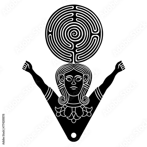 Goddess Astarte with raised hands holding a round spiral maze or labyrinth symbol. Ancient Near Eastern female deity. Feminist design. Black and white silhouette.