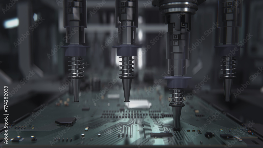 Macro Shot of Automatic Pick and Place machine quickly installs Components on Circuit Board. While board moving through Assembly Line. Electronics and Circuit board Manufacturing Factory. Macro Shot of Automatic Pick and Place machine quickly installs Components on Circuit Board. While board moving through Assembly Line. Electronics and Circuit board Manufacturing Factory.