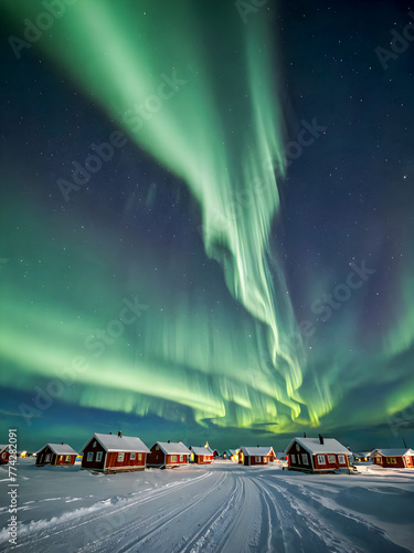Nighttime village Under the Northern Lights © wannasak