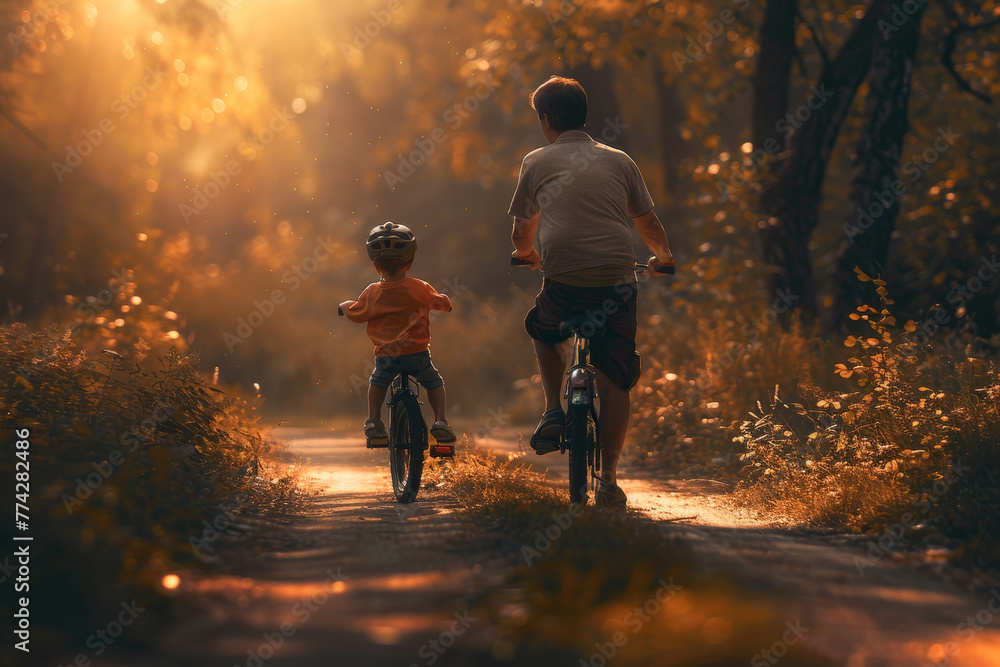 Fototapeta premium A man and a child are riding bikes together in a forest