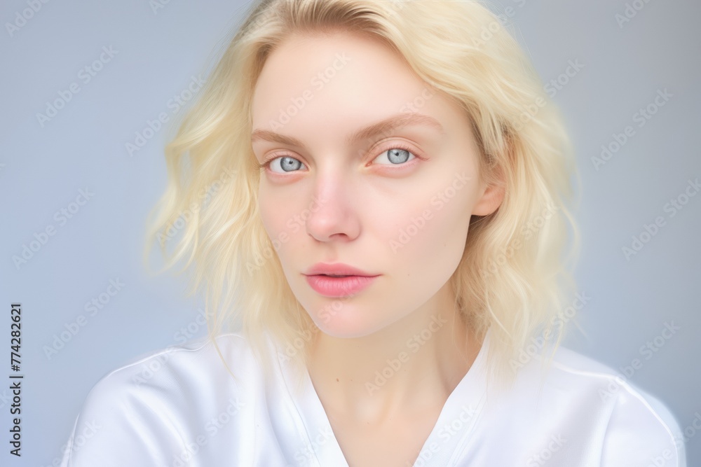 Serene Blonde Woman with Clear Blue Eyes. Generative AI. Serene Blonde Woman with Clear Blue Eyes. Generative AI.
