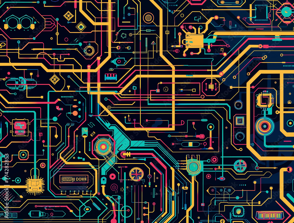 A geometric pattern of circuitry, computer parts, and futuristic code A geometric pattern of circuitry, computer parts, and futuristic code