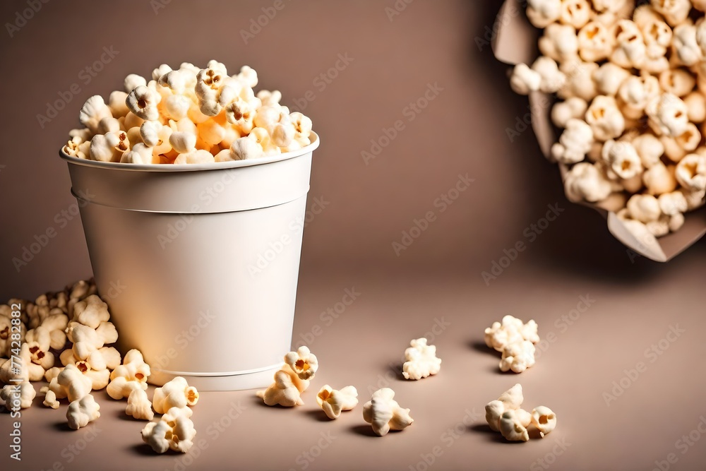 paper bucket with popcorn on flat background with copyspace paper bucket with popcorn on flat background with copyspace