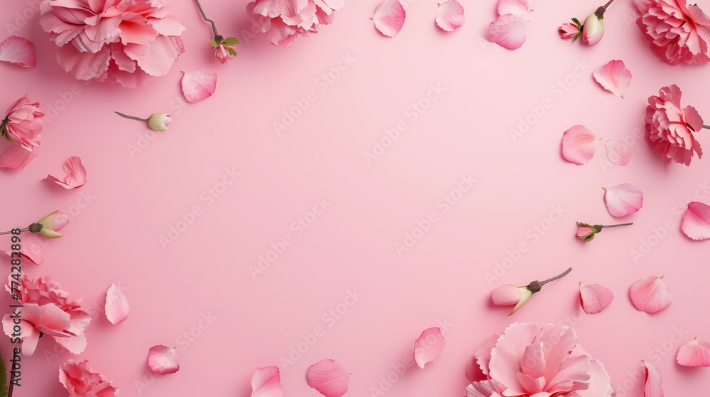 Tropical leaves frame pink color background with copy space.