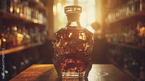 A whiskey bottle on a bar shelf at sunset photo