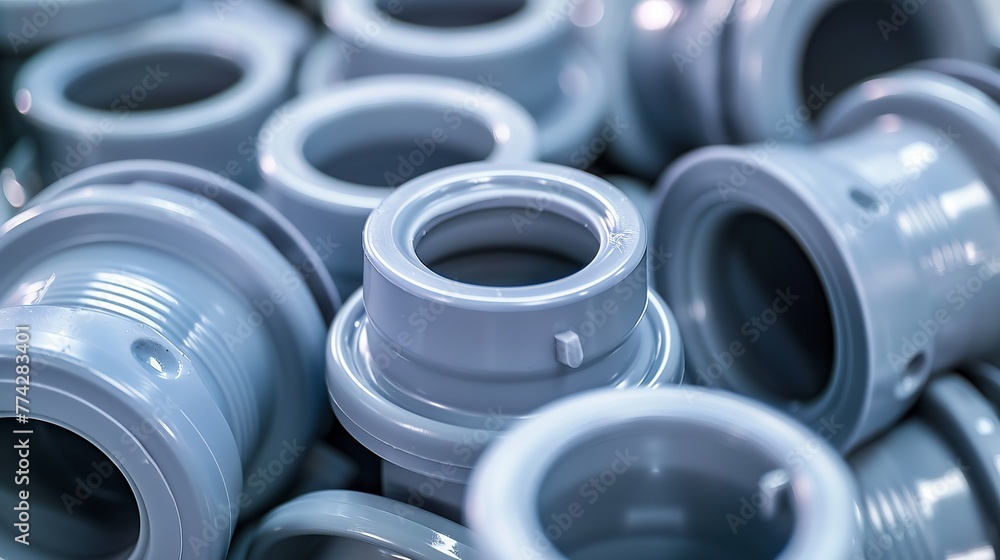 Polypropylene pipe fittings, UPVC and CPVC systems. components related to pipelines. components of plastic plumbing. They are intended to join pipes. Idea selling of fittings made of polypropylene - obrazy, fototapety, plakaty 