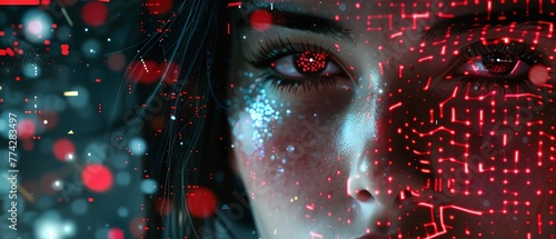 A woman's face is shown in a digital image with a red and blue background