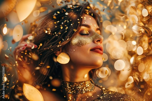 Glamourous Radiance: Woman Embraced by the Allure of a Luxurious Perfume's Golden Sparkles Ad.