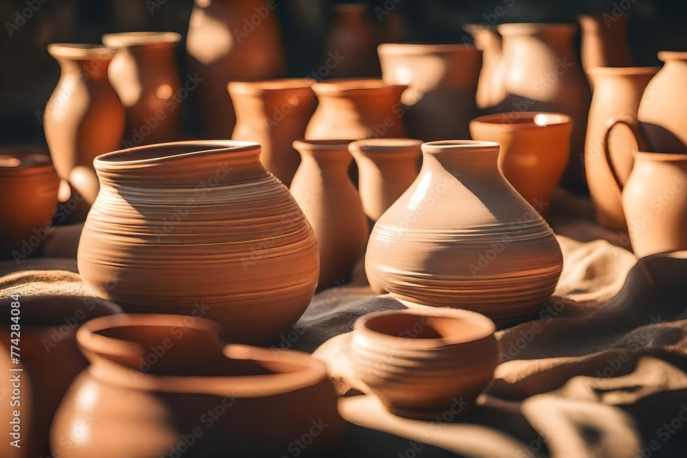 Ceramic clay pottery in the sunlight, dreamy atmosphere, soft focus background with copyspace Ceramic clay pottery in the sunlight, dreamy atmosphere, soft focus background with copyspace