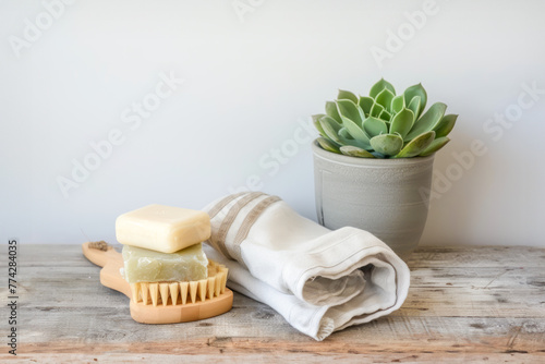 Natural cleaning concept. Handmade soaps  succulent in terracotta  cotton towels and wooden brush on aged wooden table  conveying an eco-friendly lifestyle and sustainable homecare. Copy space