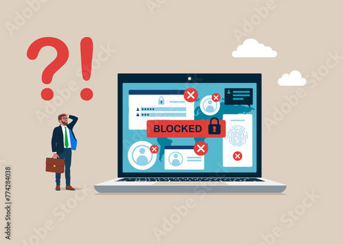 Hacker Cyber Attack, Censorship or Ransomware Activity Security. Businessman at Huge Laptop Surprised with Blocked Account on Screen. Vector illustration