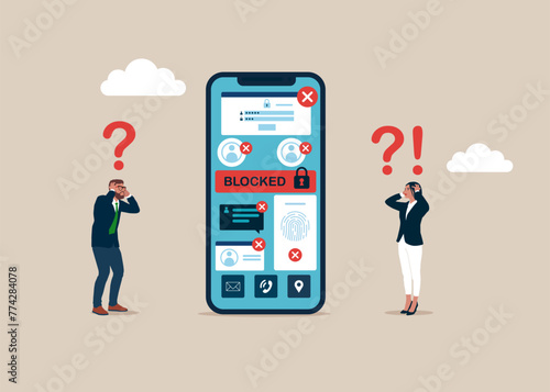 Hacker Cyber Attack, Censorship or Ransomware Activity Security. Business people at Huge Phone screen Surprised with Blocked Account on Screen. Flat vector Illustration.