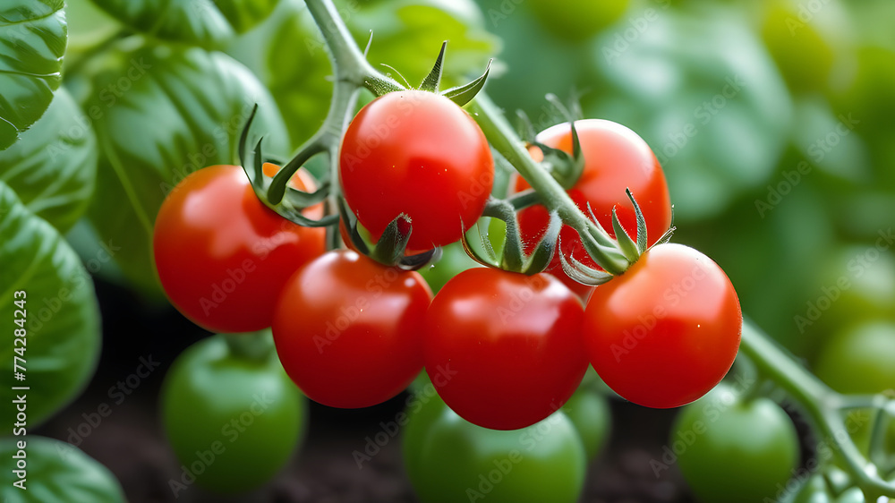 Ripe tomato plant growing in greenhouse. Tasty red heirloom tomatoes. Blurry background and copy space