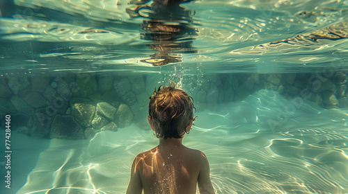 Imagen subacuática de un niño sumergido en el agua.