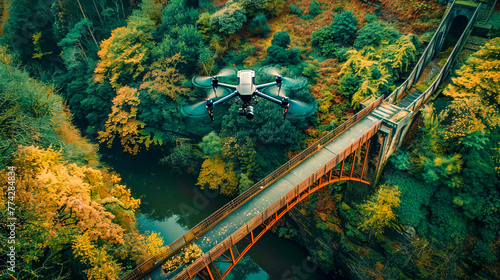 Imagen aérea de un Dron sobrevolando un puente después de hacer una inspección de la estructura photo