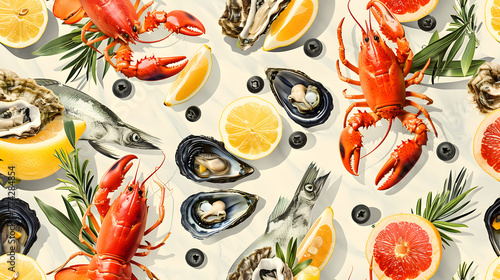 Mediterranean Bliss: A Bountiful Summer Vacation Seamless Pattern Featuring Fresh Seafood Delicacies and Vibrant Colors