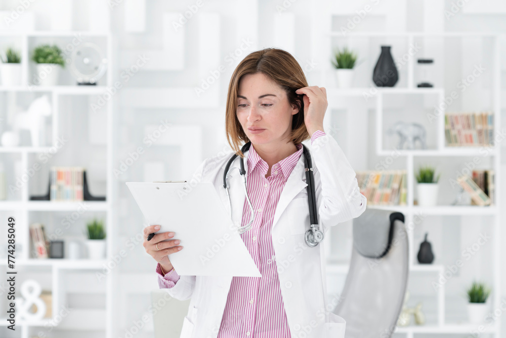 Portrait photo of young and beautiful smiling female doctor in white medical gown standing in the office of the modern clinic Portrait photo of young and beautiful smiling female doctor in white medical gown standing in the office of the modern clinic