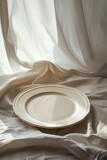 empty white plate on white fabric background